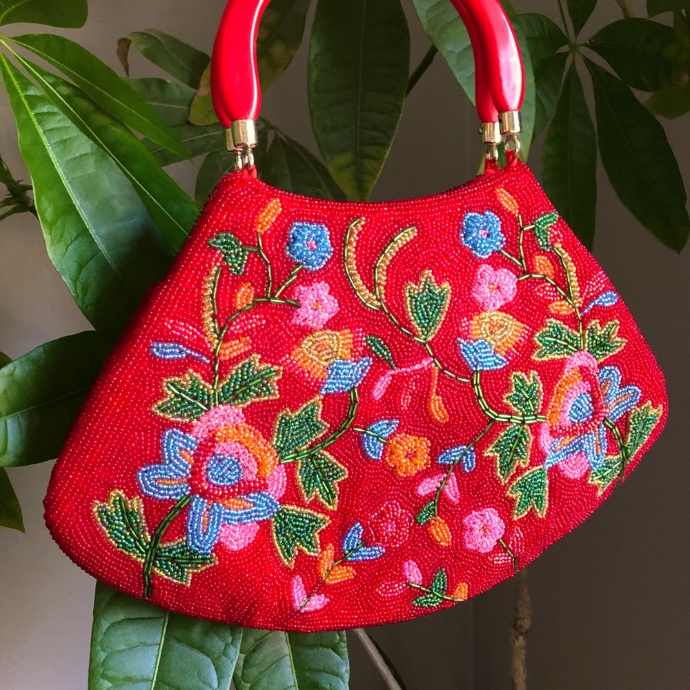 Red Floral Beaded Handbag